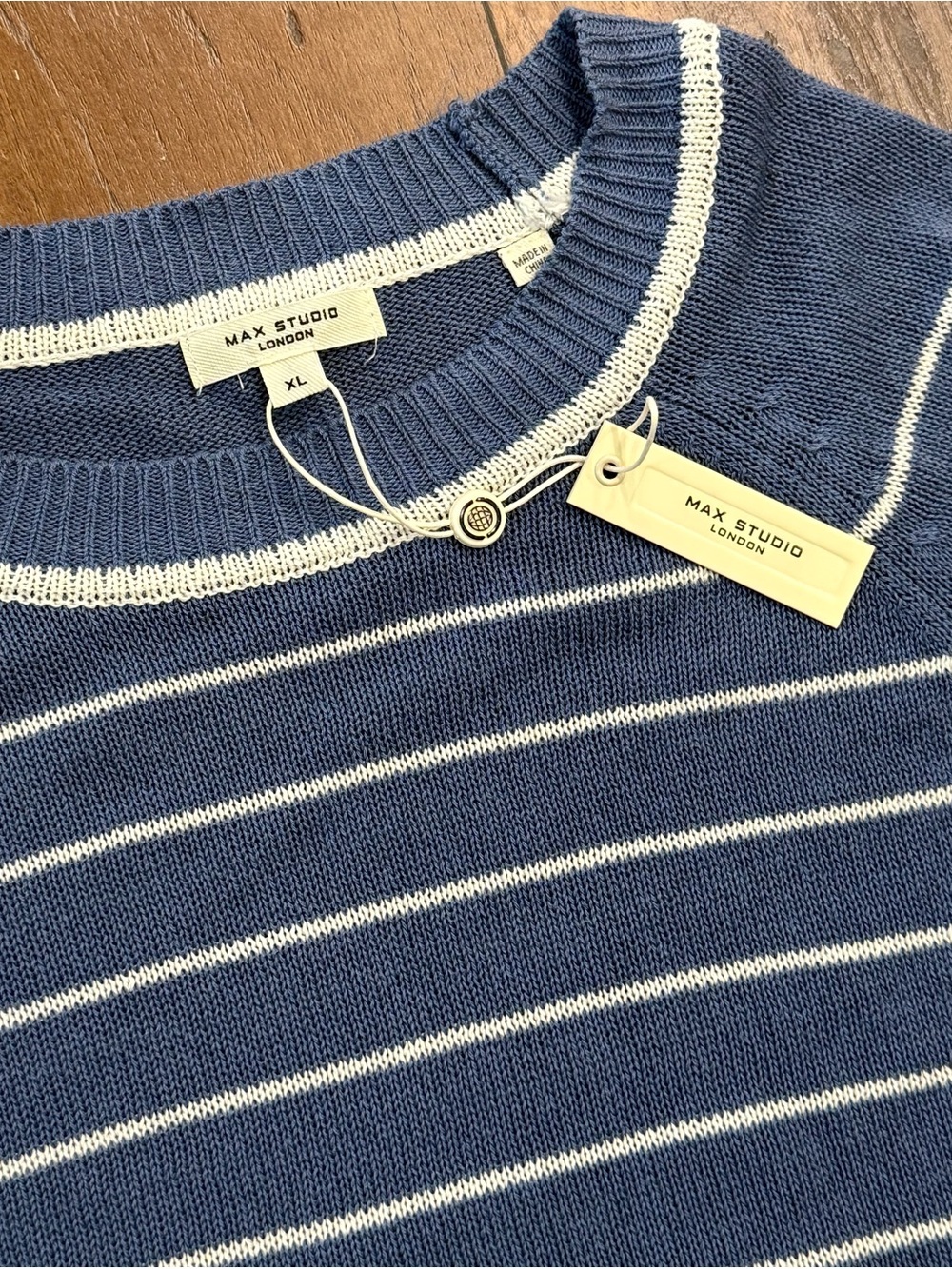 Max Studio Navy and White Striped Crewneck Sweater